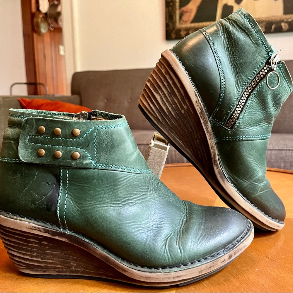 Fly London Green Ankle Boots with Wedge Heel, size 40